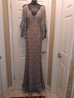 Jovani NWT Sz 4 Elegant Long Lace Evening Dress Silver Illusion Slight Train